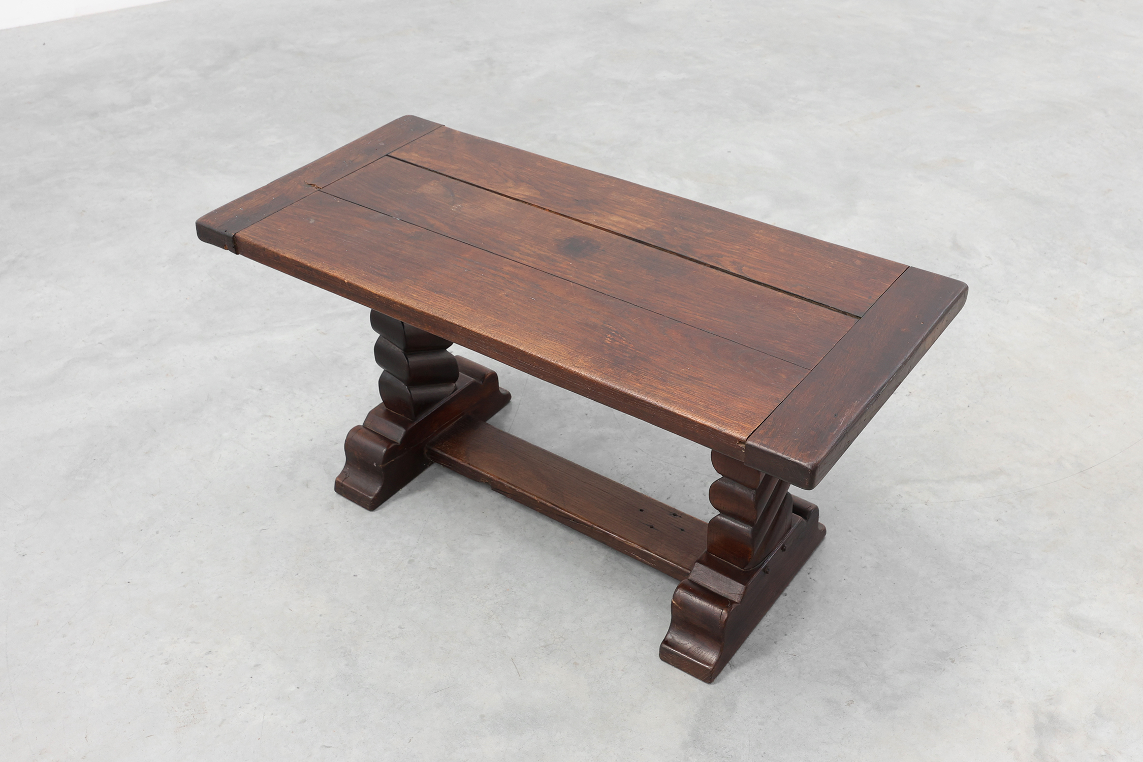Dark Oak Coffee Table with Spiral‑Turned Trestle Legs, France, circa 1915thumbnail